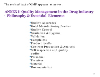 The revised text of GMP appears as annex.
ANNEX I: Quality Management in the Drug Industry
35
– Philosophy & Essential Elements
Quality Assurance
Good Manufacturing Practice
Quality Control
Sanitation & Hygiene
Validation
Complaints
Product recalls
Contract Production & Analysis
Self inspection and quality
audits
Personnel
Premises
Material
Documentation
 