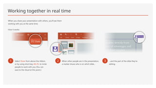 Working together in real time
When you share your presentation with others, you’ll see them
working with you at the same time.
How it works:
1 Select Share from above the ribbon,
or by using short-key Alt-ZS, to invite
people to work with you (You can
save to the cloud at this point.)
2 When other people are in the presentation,
a marker shows who is on which slide…
3 …and the part of the slide they're
editing.
 