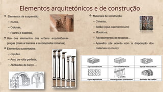 Elementos arquitetónicos e de construção
 Elementos de suspensão:
– muros,
– Colunas,
– Pilares e pilastras,
 Uso dos elementos das ordens arquitetónicas
gregas (mais a toscana e a compósita romanas).
 Elementos sustentados:
– cúpulas,
– Arco de volta perfeita;
– Abóbadas de berço…
 Materiais de construção:
– Cimento;
– Betão (opus caementicium);
– Mosaicos;
– Revestimentos de tesselas…
– Aparelho (de acordo com a disposição dos
materiais no muro):
 