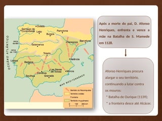 Após a morte do pai, D. Afonso
Henriques, enfrenta e vence a
mãe na Batalha de S. Mamede
em 1128.
Afonso Henriques procura
alargar o seu território,
continuando a lutar contra
os mouros:
* Batalha de Ourique (1139);
* a fronteira desce até Alcácer.
 