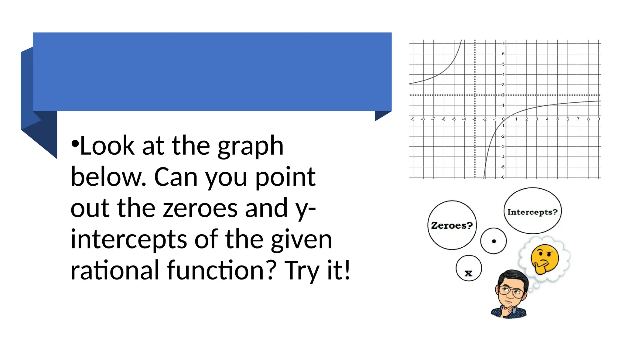 •Look at the graph
below. Can you point
out the zeroes and y-
intercepts of the given
rational function? Try it!
 