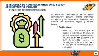 Pedro Armijo
ESTRUCTURA DE REMUNERACIONES EN EL SECTOR
ADMINISTRATIVO PERUANO
Componentes de una remuneración típica
10
La estructura remunerativa en el sector
administrativo peruano integra elementos
monetarios y no monetarios, diseñados para
cumplir con estándares legales y retener
talento:
 Sueldo básico:
o Base fija, determinada por el
puesto y experiencia. En 2025, el
mínimo para administrativos junior
en Lima es S/1.500 (superior a la
RMV de S/1.130), mientras en
Yurimaguas oscila entre S/1.130 y
S/1.300 por la informalidad (70%
en Loreto).
 