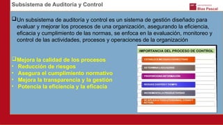 Subsistema de Auditoría y Control
Un subsistema de auditoría y control es un sistema de gestión diseñado para
evaluar y mejorar los procesos de una organización, asegurando la eficiencia,
eficacia y cumplimiento de las normas, se enfoca en la evaluación, monitoreo y
control de las actividades, procesos y operaciones de la organización
Mejora la calidad de los procesos
• Reducción de riesgos
• Asegura el cumplimiento normativo
• Mejora la transparencia y la gestión
• Potencia la eficiencia y la eficacia
 