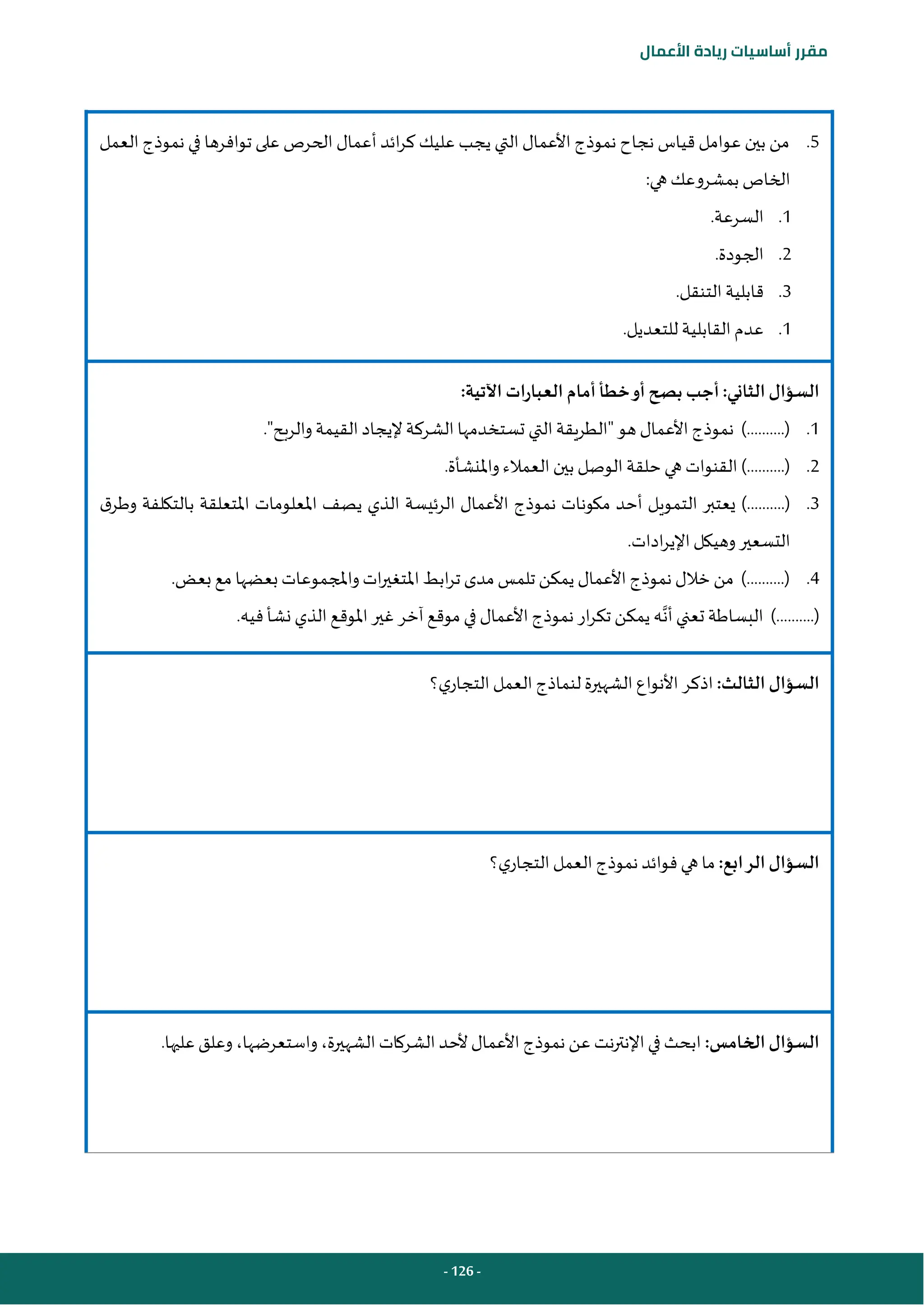 - 126 -
‫مقرر‬
‫أساسيات‬
‫ريادة‬
‫األعمال‬
5
.
‫العمل‬ ‫نموذج‬ ‫في‬ ‫توافرها‬ ‫على‬ ‫الحرص‬ ‫أعمال‬ ‫ائد‬‫ر‬‫ك‬ ‫عليك‬ ‫يجب‬ ‫التي‬ ‫األعمال‬ ‫نموذج‬ ‫نجاح‬ ‫قياس‬ ‫عوامل‬ ‫بين‬ ‫من‬
:‫هي‬‫بمشروعك‬ ‫الخاص‬
1
.
‫السرعة‬
.
2
.
‫الجودة‬
.
3
.
‫التنقل‬ ‫قابلية‬
.
1
.
‫للتعديل‬ ‫القابلية‬ ‫عدم‬
.
:‫اآلتية‬ ‫العبارات‬ ‫أمام‬‫خطأ‬‫أو‬‫بصح‬ ‫أجب‬:‫الثاني‬‫السؤال‬
1
.
."‫والربح‬ ‫القيمة‬ ‫إليجاد‬ ‫الشركة‬ ‫تستخدمها‬ ‫التي‬‫"الطريقة‬‫هو‬ ‫األعمال‬ ‫نموذج‬ )..........(
2
.
.‫واملنشأة‬ ‫العمالء‬ ‫بين‬ ‫الوصل‬ ‫حلقة‬‫هي‬ ‫القنوات‬ )..........(
3
.
‫ق‬‫وطر‬ ‫بالتكلفة‬ ‫املتعلقة‬ ‫املعلومات‬ ‫يصف‬ ‫الذي‬ ‫الرئيسة‬ ‫األعمال‬ ‫نموذج‬ ‫مكونات‬ ‫أحد‬ ‫التمويل‬ ‫يعتبر‬ )..........(
‫وهيك‬‫التسعير‬
.‫ادات‬‫ر‬‫اإلي‬‫ل‬
4
.
.‫بعض‬ ‫مع‬ ‫بعضها‬ ‫واملجموعات‬ ‫ات‬‫ر‬‫املتغي‬ ‫ابط‬‫ر‬‫ت‬ ‫مدى‬‫تلمس‬ ‫يمكن‬ ‫األعمال‬ ‫نموذج‬ ‫خالل‬ ‫من‬ )..........(
‫أن‬‫تعني‬ ‫البساطة‬ )..........(
.‫فيه‬ ‫نشأ‬ ‫الذي‬ ‫املوقع‬‫غير‬ ‫آخر‬ ‫موقع‬ ‫في‬ ‫األعمال‬ ‫نموذج‬ ‫ار‬‫ر‬‫تك‬ ‫يمكن‬ ‫ه‬
:‫الثالث‬ ‫السؤال‬
‫التجا‬ ‫العمل‬ ‫لنماذج‬ ‫الشهيرة‬ ‫األنواع‬ ‫اذكر‬
‫؟‬‫ي‬‫ر‬
:‫الرابع‬‫السؤال‬
‫؟‬‫ي‬‫التجار‬‫العمل‬ ‫نموذج‬ ‫فوائد‬‫هي‬‫ما‬
:‫الخامس‬‫السؤال‬
.‫عليها‬ ‫وعلق‬ ،‫واستعرضها‬ ،‫الشهيرة‬ ‫الشركات‬ ‫ألحد‬‫األعمال‬ ‫نموذج‬ ‫عن‬ ‫نت‬‫ر‬‫اإلنت‬‫في‬ ‫ابحث‬
 