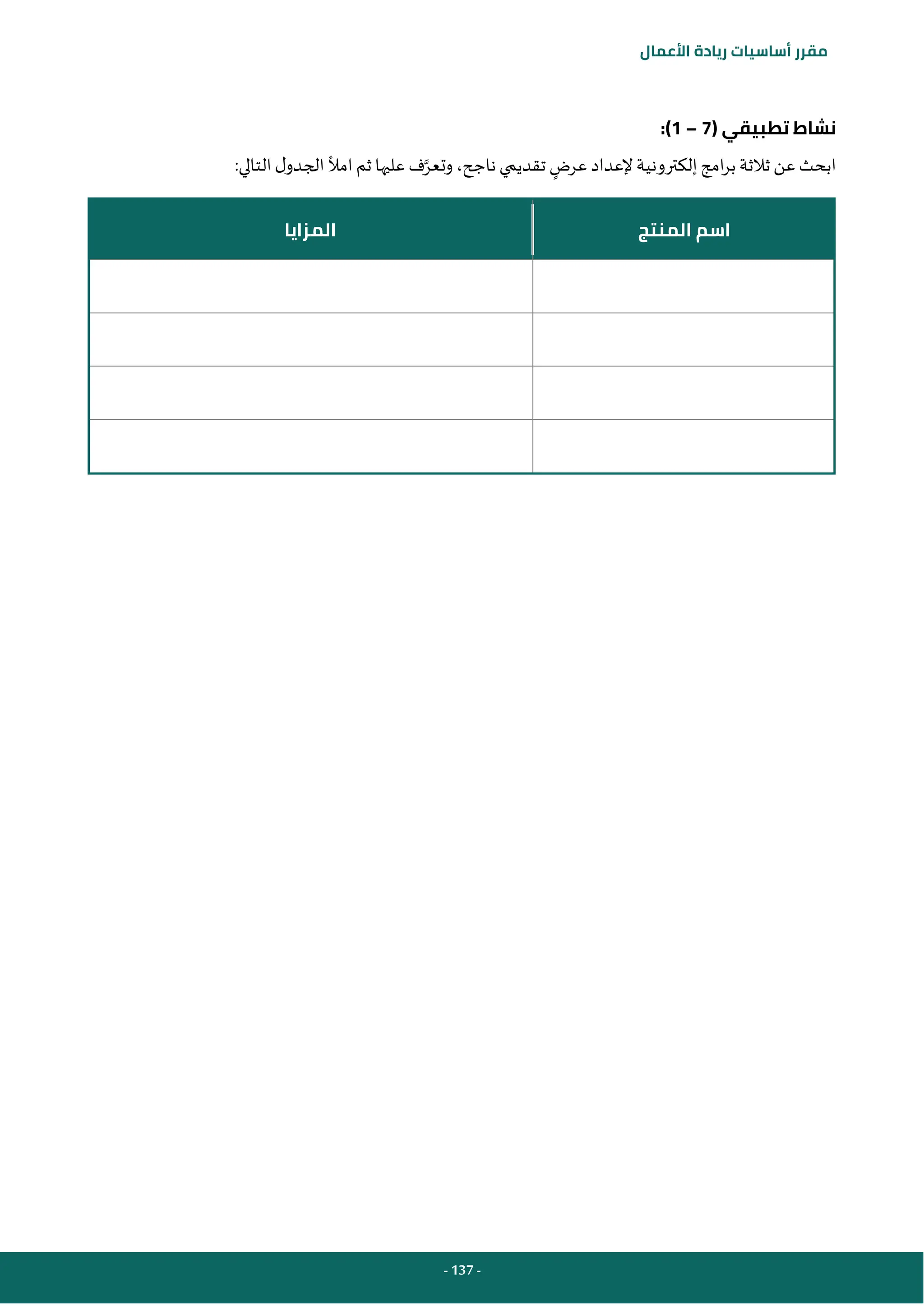 - 137 -
‫مقرر‬
‫أساسيات‬
‫ريادة‬
‫األعمال‬
( ‫تطبيقي‬ ‫نشاط‬
7
–
1
:)
‫امج‬‫ر‬‫ب‬ ‫ثالثة‬ ‫عن‬ ‫ابحث‬
‫إ‬
‫عرض‬ ‫إلعداد‬‫لكترونية‬
‫وتعر‬،‫ناجح‬ ‫تقديمي‬
:‫التالي‬‫ل‬‫الجدو‬‫امأل‬‫ثم‬ ‫عليها‬ ‫ف‬
‫المنتج‬ ‫اسم‬
‫المزايا‬
 