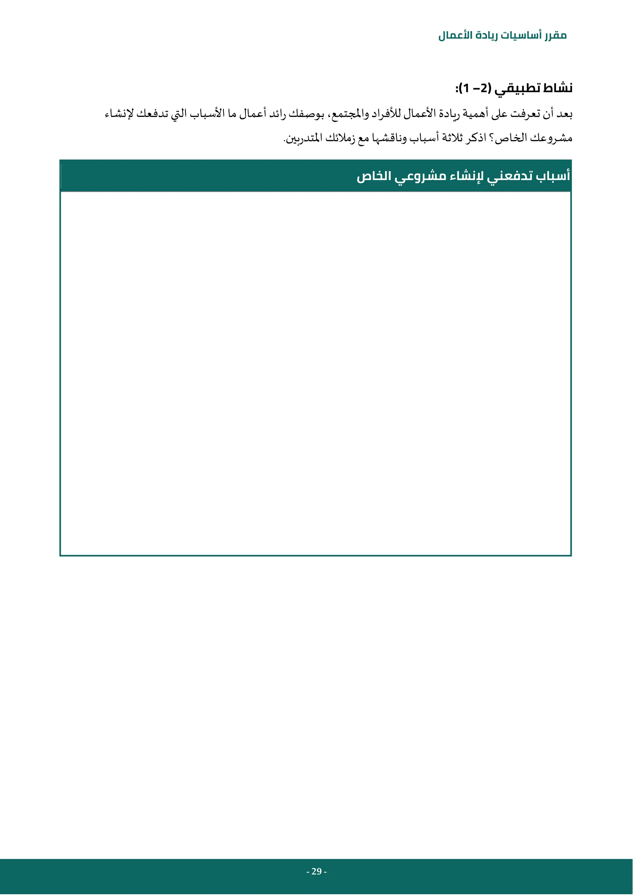 - 29 -
‫مقرر‬
‫أساسيات‬
‫ريادة‬
‫األعمال‬
( ‫تطبيقي‬ ‫نشاط‬
2
–
1
:)
‫إلنشاء‬‫تدفعك‬ ‫التي‬‫األسباب‬‫ما‬ ‫أعمال‬‫ائد‬‫ر‬‫بوصفك‬ ،‫واملجتمع‬‫اد‬‫ر‬‫لألف‬ ‫األعمال‬‫ريادة‬‫أهمية‬‫على‬ ‫تعرفت‬ ‫أن‬‫بعد‬
.‫املتدربين‬‫زمالئك‬‫مع‬‫وناقشها‬‫أسباب‬ ‫ثالثة‬ ‫اذكر‬‫الخاص؟‬ ‫مشروعك‬
‫الخاص‬ ‫مشروعي‬ ‫إلنشاء‬ ‫تدفعني‬ ‫أسباب‬
 