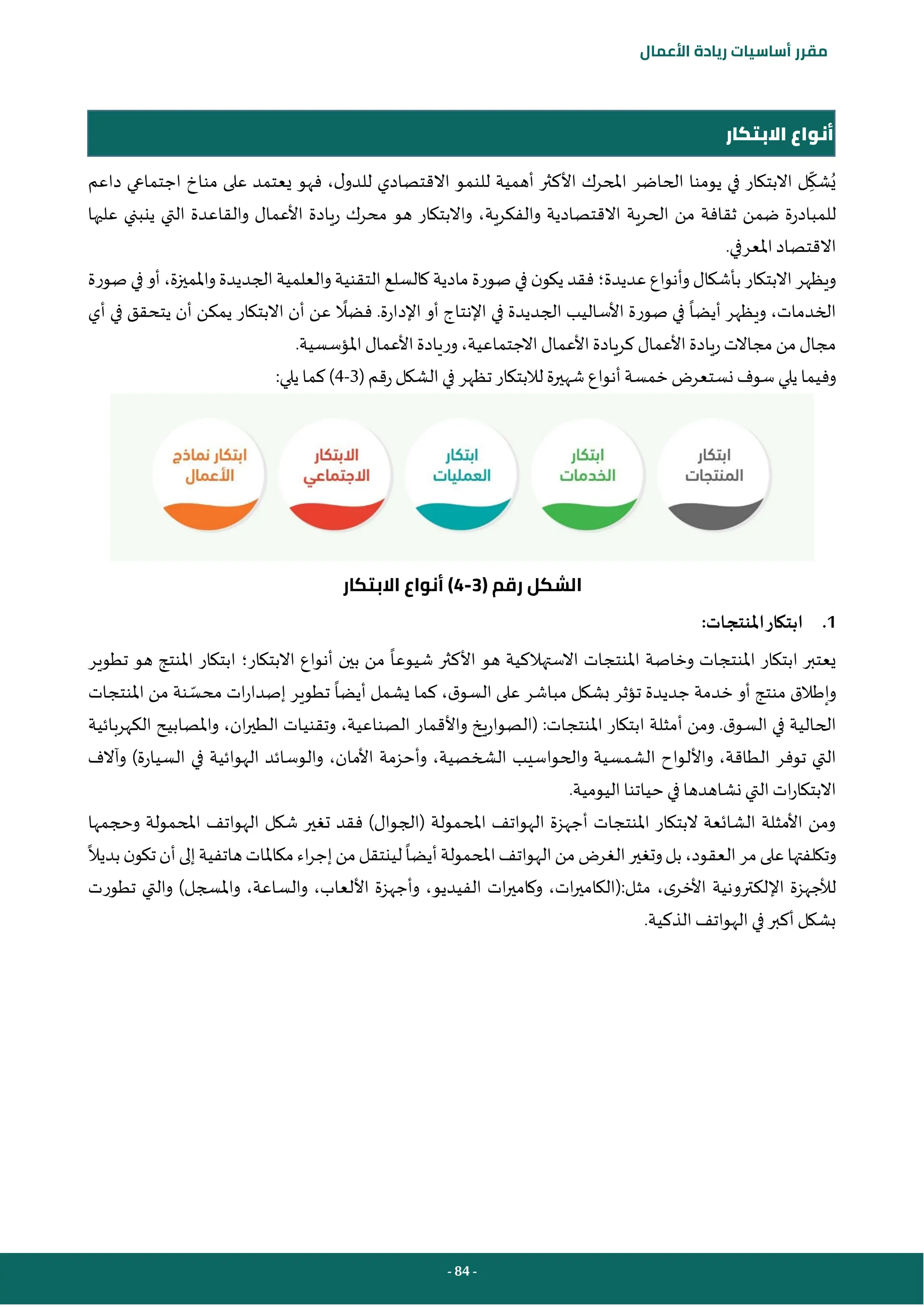 - 84 -
‫مقرر‬
‫أساسيات‬
‫ريادة‬
‫األعمال‬
‫االبتكار‬ ‫أنواع‬
‫داعم‬ ‫اجتماعي‬ ‫مناخ‬ ‫على‬ ‫يعتمد‬ ‫فهو‬ ،‫ل‬‫للدو‬ ‫االقتصادي‬ ‫للنمو‬ ‫أهمية‬ ‫األكثر‬ ‫املحرك‬ ‫الحاضر‬ ‫يومنا‬ ‫في‬ ‫االبتكار‬ ‫ل‬ِ‫شك‬ُ‫ي‬
‫والفكرية‬ ‫االقتصادية‬ ‫الحرية‬ ‫من‬ ‫ثقافة‬ ‫ضمن‬ ‫للمبادرة‬
،
‫عليها‬ ‫ينبني‬ ‫التي‬ ‫والقاعدة‬ ‫األعمال‬ ‫ريادة‬ ‫محرك‬ ‫هو‬ ‫واالبتكار‬
.‫املعرفي‬ ‫االقتصاد‬
‫عديدة‬ ‫وأنواع‬ ‫بأشكال‬ ‫االبتكار‬ ‫ويظهر‬
‫؛‬
‫صورة‬ ‫في‬ ‫أو‬ ،‫واملميزة‬ ‫الجديدة‬‫والعلمية‬ ‫التقنية‬ ‫كالسلع‬ ‫مادية‬ ‫صورة‬ ‫في‬ ‫ن‬‫يكو‬ ‫فقد‬
‫أي‬ ‫في‬ ‫يتحقق‬ ‫أن‬ ‫يمكن‬ ‫االبتكار‬ ‫أن‬ ‫عن‬ ‫فضال‬ .‫اإلدارة‬ ‫أو‬ ‫اإلنتاج‬ ‫في‬ ‫الجديدة‬ ‫األساليب‬ ‫صورة‬ ‫في‬ ‫أيضا‬ ‫ويظهر‬ ،‫الخدمات‬
‫األعما‬ ‫وريادة‬،‫االجتماعية‬‫األعمال‬‫كريادة‬ ‫األعمال‬ ‫ريادة‬‫مجاالت‬ ‫من‬‫مجال‬
.‫املؤسسية‬ ‫ل‬
( ‫رقم‬‫الشكل‬ ‫في‬ ‫تظهر‬ ‫لالبتكار‬ ‫شهيرة‬ ‫أنواع‬‫خمسة‬‫نستعرض‬ ‫سوف‬ ‫يلي‬ ‫وفيما‬
3
-
4
:‫يلي‬ ‫كما‬ )
( ‫رقم‬ ‫الشكل‬
3
-
4
‫االبتكار‬ ‫أنواع‬ )
1
.
:‫املنتجات‬‫ابتكار‬
‫االبتكار‬ ‫أنواع‬ ‫بين‬ ‫من‬ ‫شيوعا‬ ‫األكثر‬ ‫هو‬ ‫االستهالكية‬ ‫املنتجات‬ ‫وخاصة‬ ‫املنتجات‬ ‫ابتكار‬ ‫يعتبر‬
‫؛‬
‫تطوير‬ ‫هو‬ ‫املنتج‬ ‫ابتكار‬
‫ق‬‫السو‬ ‫على‬ ‫مباشر‬ ‫بشكل‬ ‫تؤثر‬ ‫جديدة‬ ‫خدمة‬ ‫أو‬ ‫منتج‬ ‫وإطالق‬
،
‫أيضا‬ ‫يشمل‬ ‫كما‬
‫املنتجات‬ ‫من‬ ‫نة‬‫محس‬ ‫ات‬‫ر‬‫إصدا‬ ‫تطوير‬
:‫املنتجات‬ ‫ابتكار‬ ‫أمثلة‬ ‫ومن‬ .‫ق‬‫السو‬ ‫في‬ ‫الحالية‬
(
‫الكهربائية‬ ‫واملصابيح‬ ،‫ان‬‫ر‬‫الطي‬ ‫وتقنيات‬ ،‫الصناعية‬ ‫واألقمار‬ ‫الصواريخ‬
‫و‬ ،‫الطاقة‬ ‫توفر‬ ‫التي‬
‫السيارة‬ ‫في‬ ‫الهوائية‬ ‫والوسائد‬ ،‫األمان‬ ‫وأحزمة‬ ،‫الشخصية‬ ‫والحواسيب‬ ‫الشمسية‬ ‫األلواح‬
)
‫وآالف‬
.‫اليومية‬ ‫حياتنا‬‫في‬ ‫نشاهدها‬ ‫التي‬ ‫ات‬‫ر‬‫االبتكا‬
‫وحجمها‬ ‫املحمولة‬ ‫الهواتف‬ ‫شكل‬ ‫تغير‬ ‫فقد‬ )‫(الجوال‬ ‫املحمولة‬ ‫الهواتف‬ ‫أجهزة‬ ‫املنتجات‬ ‫البتكار‬ ‫الشائعة‬ ‫األمثلة‬ ‫ومن‬
‫العق‬‫مر‬‫على‬‫وتكلفتها‬
‫أيضا‬‫املحمولة‬‫الهواتف‬‫من‬‫الغرض‬‫وتغير‬‫بل‬،‫ود‬
‫بديال‬‫ن‬‫تكو‬‫أن‬‫إلى‬‫هاتفية‬‫مكاملات‬‫اء‬‫ر‬‫إج‬‫من‬‫لينتقل‬
‫مثل‬ ،‫ى‬‫األخر‬ ‫اإللكترونية‬ ‫لألجهزة‬
(:
‫واملسجل‬ ،‫والساعة‬ ،‫األلعاب‬ ‫وأجهزة‬ ،‫الفيديو‬ ‫ات‬‫ر‬‫وكامي‬ ،‫ات‬‫ر‬‫الكامي‬
)
‫تطورت‬ ‫والتي‬
.‫الذكية‬‫الهواتف‬ ‫في‬‫أكبر‬‫بشكل‬
 