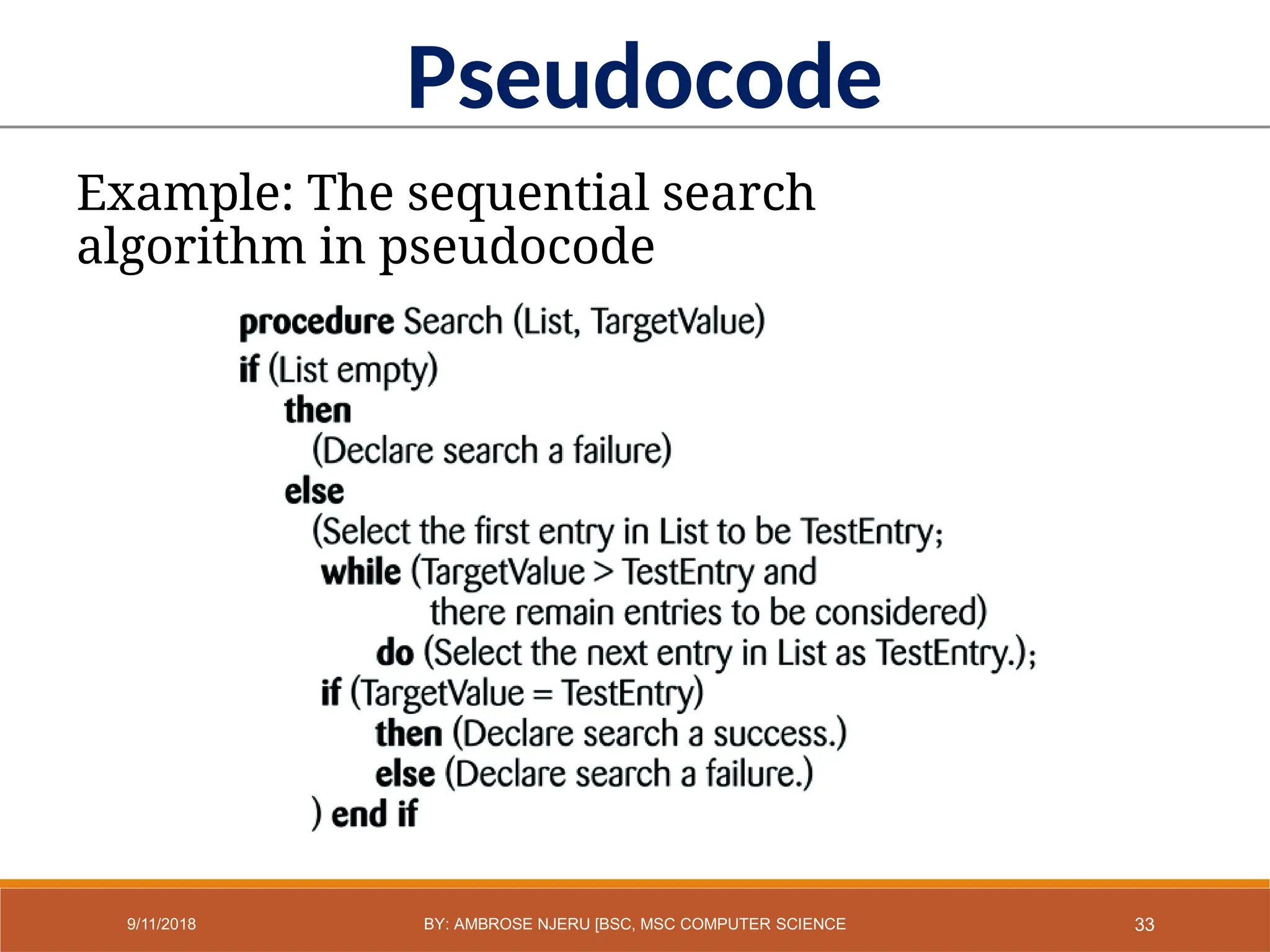 Example: The sequential search
algorithm in pseudocode
Pseudocode
33
9/11/2018 BY: AMBROSE NJERU [BSC, MSC COMPUTER SCIENCE
 