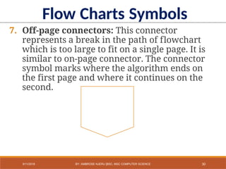 7. Off-page connectors: This connector
represents a break in the path of flowchart
which is too large to fit on a single page. It is
similar to on-page connector. The connector
symbol marks where the algorithm ends on
the first page and where it continues on the
second.
Flow Charts Symbols
30
9/11/2018 BY: AMBROSE NJERU [BSC, MSC COMPUTER SCIENCE
 