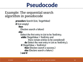 Example: The sequential search
algorithm in pseudocode
Pseudocode
33
9/11/2018 BY: AMBROSE NJERU [BSC, MSC COMPUTER SCIENCE
 