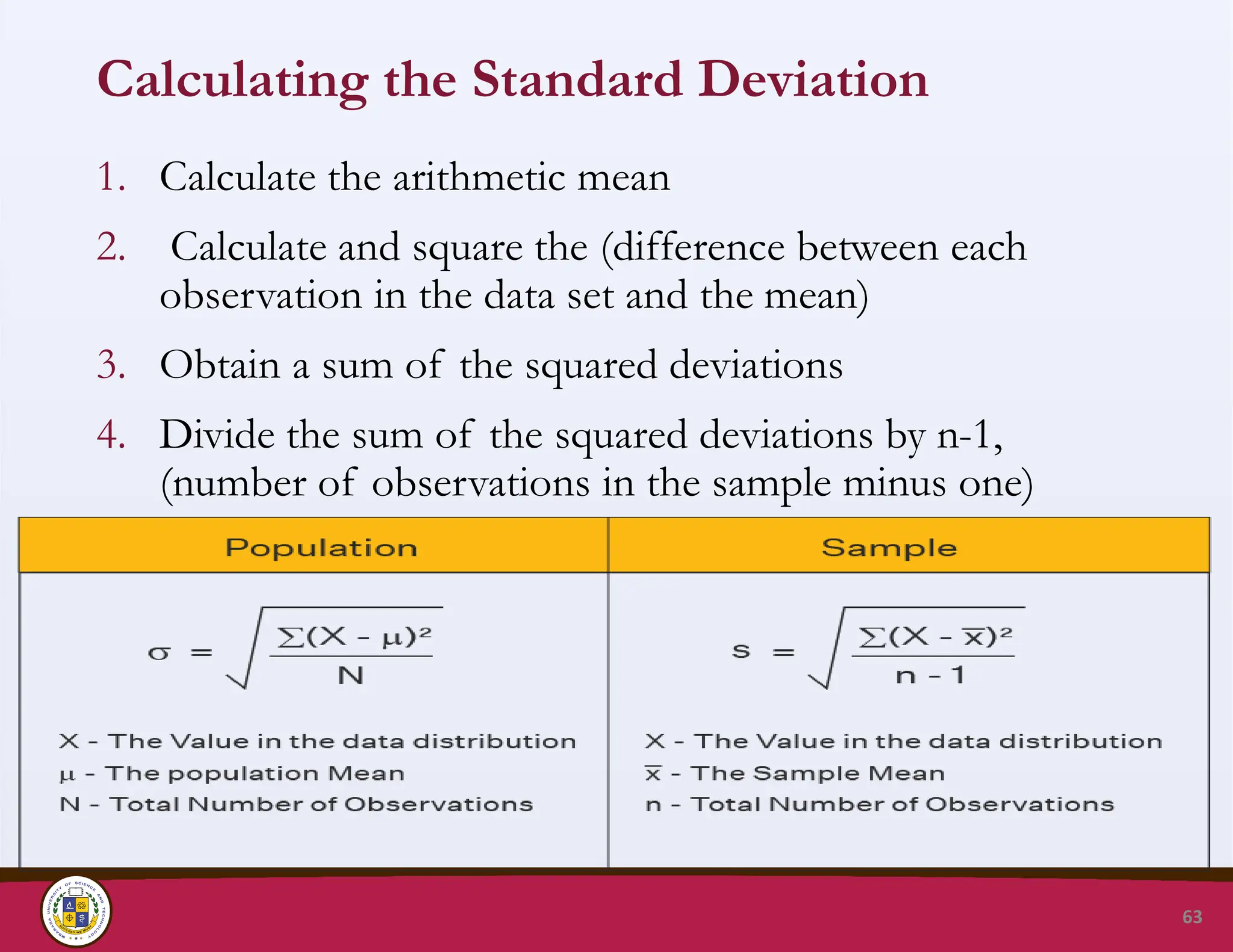 Calculating the Standard Deviation
1. Calculate the arithmetic mean
2. Calculate and square the (difference between each
observation in the data set and the mean)
3. Obtain a sum of the squared deviations
4. Divide the sum of the squared deviations by n-1,
(number of observations in the sample minus one)
63
 