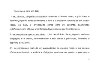 48
Neste caso, diz o art. 548:
I - se, citados, ninguém comparece: opera-se a revelia deles, o juiz libera o
devedor julgando antecipadamente a lide, e o depósito converte-se em coisas
vagas, ou seja, é arrecadado como bem de ausente, perdurando
indefinidamente, até que um interessado provoque o seu levantamento;
II - se comparece apenas um deles: o juiz decidirá de plano, julgando extinta a
obrigação, e o credor, demonstrando o seu direito à prestação, levantará o
depósito a seu favor.
III - se comparece mais de um pretendente: do mesmo modo o juiz declara
efetuado o depósito e extinta a obrigação, continuando, porém, o processo a
 