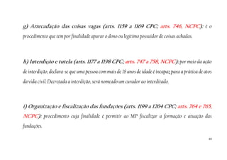 69
g) Arrecadação das coisas vagas (arts. 1159 a 1169 CPC; arts. 746, NCPC): é o
procedimento que tem por finalidade apurar o dono ou legítimo possuidor de coisas achadas.
h) Interdição e tutela (arts. 1177 a 1198 CPC; arts. 747 a 758, NCPC): por meio da ação
de interdição, declara-se que uma pessoa com mais de 18 anos de idade é incapaz para a prática de atos
da vida civil. Decretada a interdição, será nomeado um curador ao interditado.
i) Organização e fiscalização das fundações (arts. 1199 a 1204 CPC; arts. 764 e 765,
NCPC): procedimento cuja finalidade é permitir ao MP fiscalizar a formação e atuação das
fundações.
 