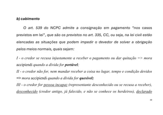 38
b) cabimento
O art. 539 do NCPC admite a consignação em pagamento “nos casos
previstos em lei”, que são os previstos no art. 335, CC, ou seja, na lei civil estão
elencadas as situações que podem impedir o devedor de solver a obrigação
pelos meios normais, quais sejam:
I - o credor se recusa injustamente a receber o pagamento ou dar quitação => mora
accipiendi quando a dívida for portável;
II - o credor não for, nem mandar receber a coisa no lugar, tempo e condição devidos
=> mora accipiendi quando a dívida for quesível;
III - o credor for pessoa incapaz (representante desconhecido ou se recusa a receber),
desconhecido (credor antigo, já falecido, e não se conhece os herdeiros), declarado
 