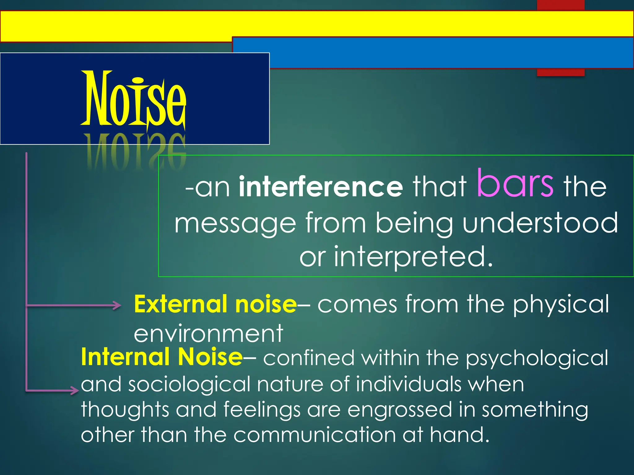 Noise
-an interference that bars the
message from being understood
or interpreted.
External noise– comes from the physical
environment
Internal Noise– confined within the psychological
and sociological nature of individuals when
thoughts and feelings are engrossed in something
other than the communication at hand.
 