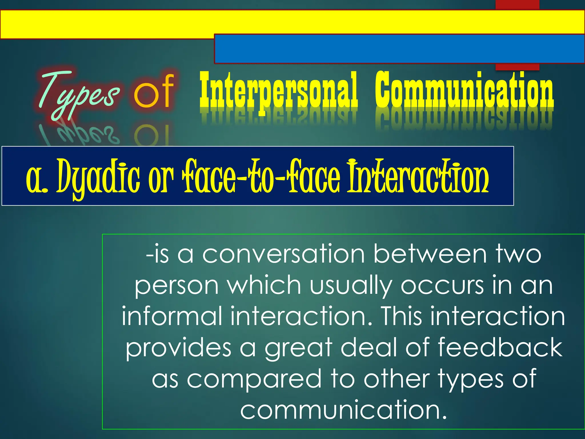 Types of Interpersonal Communication
a. Dyadic or face-to-face Interaction
-is a conversation between two
person which usually occurs in an
informal interaction. This interaction
provides a great deal of feedback
as compared to other types of
communication.
 
