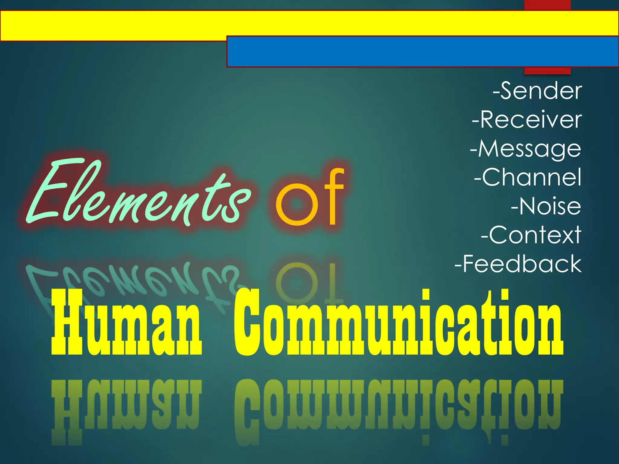 Elements of
Human Communication
-Sender
-Receiver
-Message
-Channel
-Noise
-Context
-Feedback
 