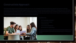 Constructivist Approach
The Constructivist Approach posits that learners actively construct their own knowledge and understanding through experience and interaction with their
environment. This is often achieved through engaging activities such as project-based learning, where students collaborate on extended tasks, and collaborative
tasks that require group problem-solving. The aim is to promote critical thinking, creativity, and self-directed learning, empowering students to take ownership of
their educational journey. A practical application could be creating a class blog with student-generated content, where learners research, write, and edit posts in the
target language, providing authentic purpose and audience for their language use.
Key Elements
• Active knowledge construction
• Experience-based learning
• Collaborative tasks
• Critical thinking development
• Self-directed learning promotion
This approach fosters a dynamic learning environment where students are not
just passive recipients of information but active participants in their learning
journey.
 