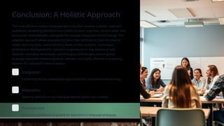 Conclusion: A Holistic Approach
The most effective modern language teaching often involves a holistic approach,
seamlessly combining elements from communicative, cognitive, constructivist, and
humanistic methodologies, alongside the strategic integration of technology. This
adaptive approach allows educators to tailor their methods to meet the diverse
needs, learning styles, and proficiency levels of their students. Continuous
professional development for teachers is paramount to stay abreast of new
research, innovative techniques, and emerging technologies, ensuring that
language education remains dynamic, relevant, and highly effective in preparing
learners for real-world communication.
Integration
Combining various pedagogical approaches for comprehensive learning.
Adaptation
Tailoring methods to suit individual learner needs and contexts.
Development
Continuous professional growth for educators in language pedagogy.
 