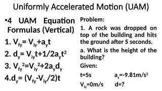Uniformly Accelerated Motion (UAM)
Problem:
1. A rock was dropped on
top of the building and hits
the ground after 5 seconds.
a. What is the height of the
building?
Given:
t=5s ay=-9.81m/s2
Viy=0m/s d=?
•4 UAM Equation
Formulas (Vertical)
1. Vfy= Viy+ayt
2. dy= Viyt+1/2ayt2
3. Vfy
2
=Viy
2
+2aydy
4.dy= (Vfy-Viy/2)t
 