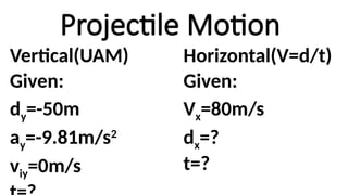 Vertical(UAM)
Given:
dy=-50m
ay=-9.81m/s2
viy=0m/s
Horizontal(V=d/t)
Given:
Vx=80m/s
dx=?
t=?
Projectile Motion
 