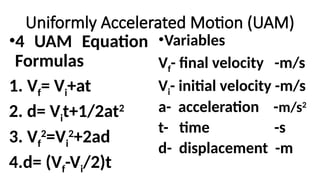 Uniformly Accelerated Motion (UAM)
•4 UAM Equation
Formulas
1. Vf= Vi+at
2. d= Vit+1/2at2
3. Vf
2
=Vi
2
+2ad
4.d= (Vf-Vi/2)t
•Variables
Vf- final velocity -m/s
Vi- initial velocity -m/s
a- acceleration -m/s2
t- time -s
d- displacement -m
 