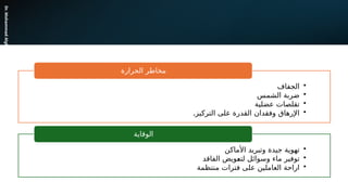 Dr.
Mohammad
Algharibeh
•
‫الجفاف‬
•
‫الشمس‬ ‫ضربة‬
•
‫عضلية‬ ‫تقلصات‬
•
.‫التركيز‬ ‫على‬ ‫القدرة‬ ‫وفقدان‬ ‫اإلرهاق‬
‫الحرارة‬ ‫مخاطر‬
•
‫األماكن‬ ‫وتبريد‬ ‫جيدة‬ ‫تهوية‬
•
‫الفاقد‬ ‫!ويض‬
‫ع‬‫لت‬ ‫وسوائل‬ ‫ماء‬ ‫توفير‬
•
‫منتظمة‬ ‫فترات‬ ‫على‬ ‫العاملين‬ ‫اراحة‬
‫الوقاية‬
 