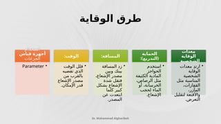 ‫الوقاية‬ ‫طرق‬
Dr. Mohammad Algharibeh
‫استخدام‬
‫قياس‬ ‫أجهزة‬
‫الجرعات‬
‫للعاملين‬
:
•
Parameter
:‫الوقت‬
•
‫الوقت‬ ‫قلل‬
‫تقضيه‬ ‫الذي‬
‫من‬ ‫بالقرب‬
‫اإلشعاع‬ ‫مصدر‬
.‫اإلمكان‬ ‫قدر‬
:‫المسافة‬
•
‫المسافة‬ ‫زد‬
‫وبين‬ ‫بينك‬
،‫اإلشعاع‬ ‫مصدر‬
‫شدة‬ ‫فتقل‬
‫بشكل‬ ‫اإلشعاع‬
‫كلما‬ ‫كبير‬
‫عن‬ ‫ابتعدت‬
.‫المصدر‬
‫الحماية‬
:) (
‫التدريع‬
•
‫استخدم‬
‫الحواجز‬
‫الكثيفة‬ ‫المادية‬
،‫الرصاص‬ ‫مثل‬
‫أو‬ ،‫الخرسانة‬
‫لحجب‬ ‫الماء‬
.‫اإلشعاع‬
‫معدات‬
‫الوقاية‬
‫الشخصية‬
:
•
‫معدات‬ ِ‫د‬‫ارت‬
‫الوقاية‬
‫الشخصية‬
‫مثل‬ ‫المناسبة‬
،‫القفازات‬
،‫المآزر‬
‫لتقليل‬ ‫واألقنعة‬
.‫التعرض‬
 