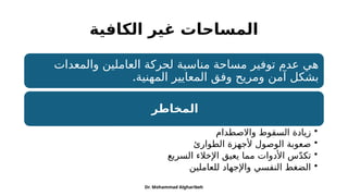 ‫الكافية‬ ‫غير‬ ‫المساحات‬
‫والمعدات‬ ‫العاملين‬ ‫لحركة‬ ‫مناسبة‬ ‫مساحة‬ ‫توفير‬ ‫عدم‬ ‫هي‬
.‫المهنية‬ ‫المعايير‬ ‫وفق‬ ‫ومريح‬ ‫آمن‬ ‫بشكل‬
‫المخاطر‬
•
‫واالصطدام‬ ‫السقوط‬ ‫زيادة‬
•
‫الطوارئ‬ ‫ألجهزة‬ ‫الوصول‬ ‫صعوبة‬
•
‫السريع‬ ‫اإلخالء‬ ‫يعيق‬ ‫مما‬ ‫األدوات‬ ‫س‬ّ‫د‬‫تك‬
•
‫للعاملين‬ ‫واإلجهاد‬ ‫النفسي‬ ‫الضغط‬
Dr. Mohammad Algharibeh
 