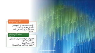 Dr. Mohammad Algharibeh
•
‫للموظفين‬ ‫صداع‬ ‫في‬ ‫التسبب‬
•
‫أ‬
‫ض‬
.‫وجسدية‬ ‫ذهنية‬ ‫رار‬
•
‫ا‬ ‫قلة‬
‫أل‬
‫أداء‬ ‫في‬ ‫والكفاءة‬ ‫داء‬
.‫العمل‬
‫الضوضاء‬ ‫أضرار‬
•
:
‫العاملين‬ ‫تعريف‬ ‫الوقائية‬ ‫التوعية‬
‫الضجيج‬ ‫بمخار‬
•
‫الدوري‬ ‫الفحص‬
•
‫للضوضاء‬ ‫التعرض‬ ‫مدة‬ ‫نقليل‬
‫ع‬ ‫طرق‬
‫الج‬
‫مصادر‬
‫الضجيج‬
 