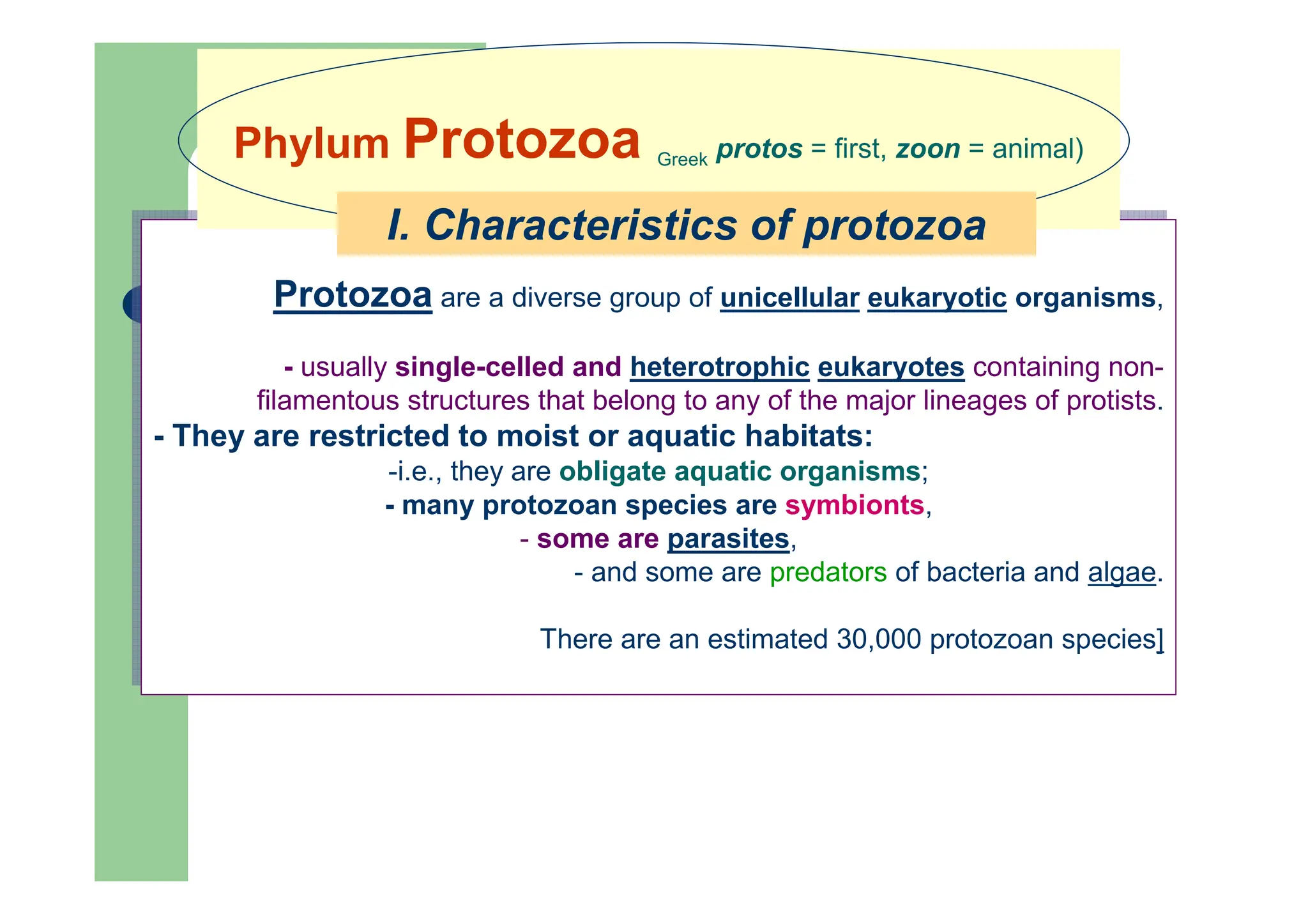 Protozoa are a diverse group of unicellular eukaryotic organisms,
- usually single-celled and heterotrophic eukaryotes containing non-
filamentous structures that belong to any of the major lineages of protists.
- They are restricted to moist or aquatic habitats:
-i.e., they are obligate aquatic organisms;
- many protozoan species are symbionts,
- some are parasites,
- and some are predators of bacteria and algae.
There are an estimated 30,000 protozoan species]
Protozoa are a diverse group of unicellular eukaryotic organisms,
- usually single-celled and heterotrophic eukaryotes containing non-
filamentous structures that belong to any of the major lineages of protists.
- They are restricted to moist or aquatic habitats:
-i.e., they are obligate aquatic organisms;
- many protozoan species are symbionts,
- some are parasites,
- and some are predators of bacteria and algae.
There are an estimated 30,000 protozoan species]
Phylum Protozoa Greek protos = first, zoon = animal)
I. Characteristics of protozoa
 