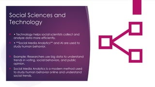 Social Sciences and
Technology
 • Technology helps social scientists collect and
analyze data more efficiently.
 • **Social Media Analytics** and AI are used to
study human behavior.
 Example: Researchers use big data to understand
trends in voting, social behaviors, and public
opinion.
 Social Media Analytics is a modern method used
to study human behavior online and understand
social trends.
 