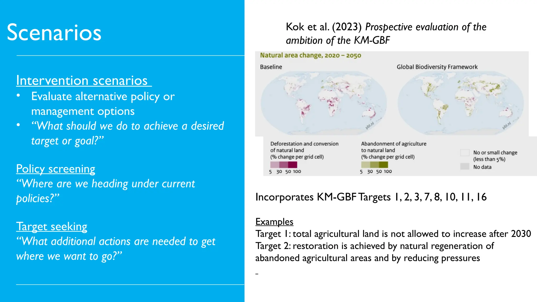 Scenarios
Intervention scenarios
• Evaluate alternative policy or
management options
• “What should we do to achieve a desired
target or goal?”
Policy screening
“Where are we heading under current
policies?”
Target seeking
“What additional actions are needed to get
where we want to go?”
Kok et al. (2023) Prospective evaluation of the
ambition of the KM-GBF
Incorporates KM-GBFTargets 1, 2, 3, 7, 8, 10, 11, 16
Examples
Target 1: total agricultural land is not allowed to increase after 2030
Target 2: restoration is achieved by natural regeneration of
abandoned agricultural areas and by reducing pressures
 