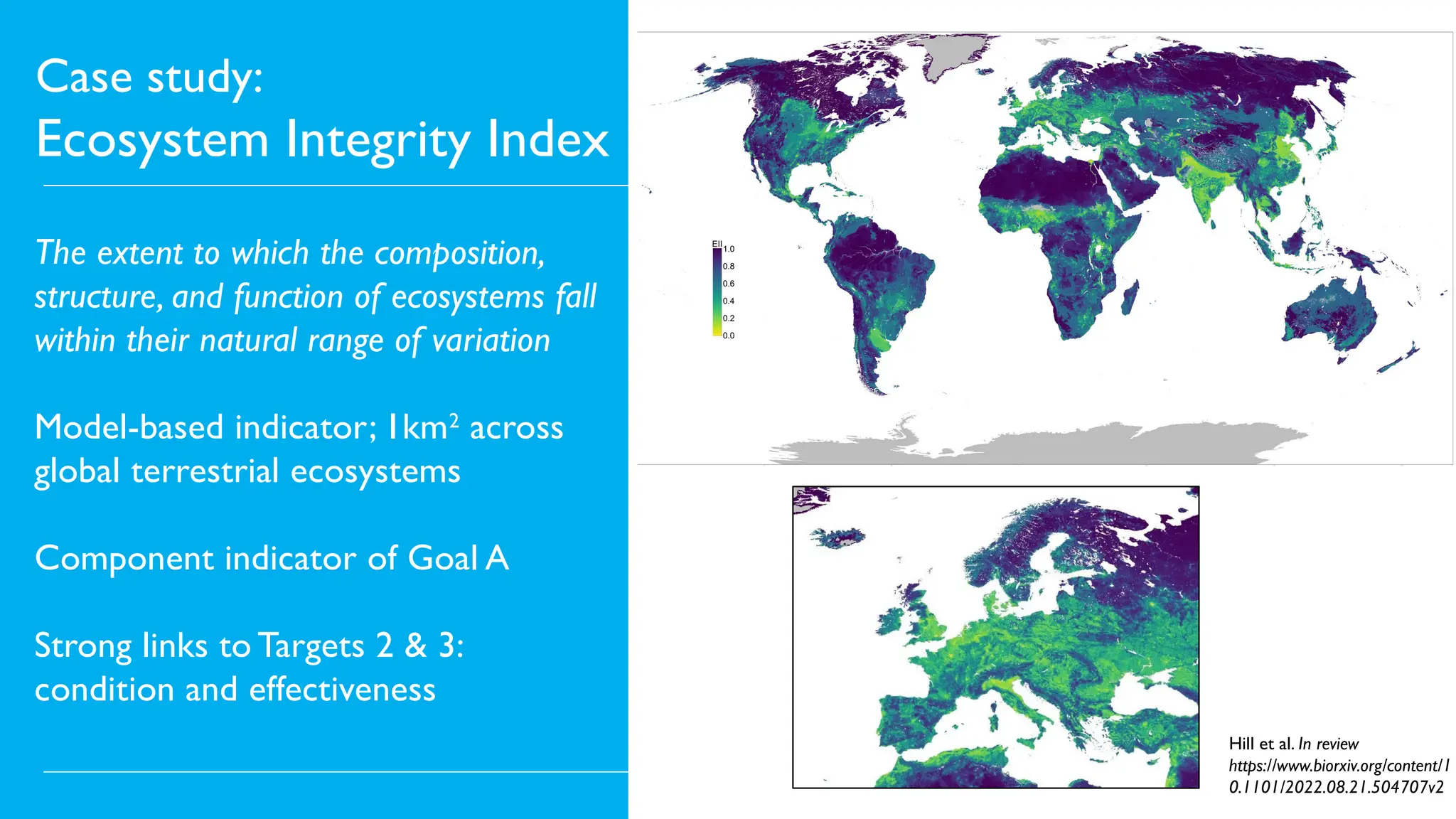 Case study:
Ecosystem Integrity Index
The extent to which the composition,
structure, and function of ecosystems fall
within their natural range of variation
Model-based indicator; 1km2
across
global terrestrial ecosystems
Component indicator of Goal A
Strong links to Targets 2 & 3:
condition and effectiveness
Hill et al. In review
https://www.biorxiv.org/content/1
0.1101/2022.08.21.504707v2
 