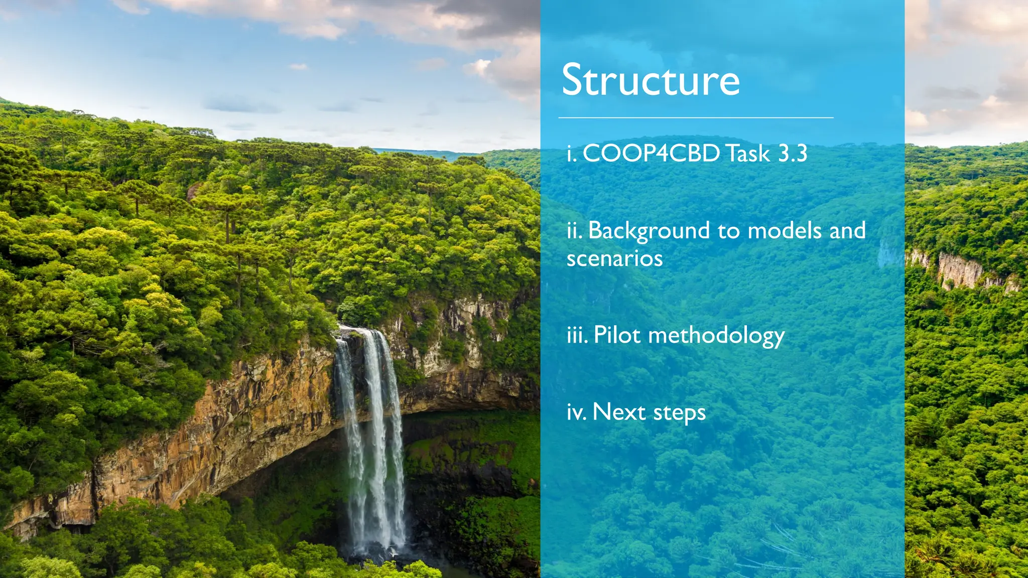 Structure
i. COOP4CBDTask 3.3
ii. Background to models and
scenarios
iii. Pilot methodology
iv. Next steps
 