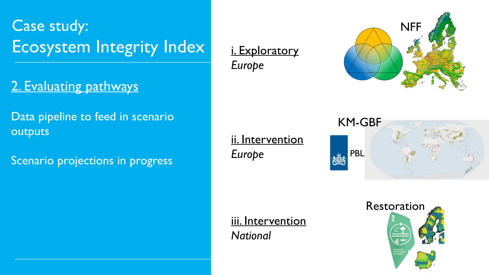 Case study:
Ecosystem Integrity Index
2. Evaluating pathways
Data pipeline to feed in scenario
outputs
Scenario projections in progress
NFF
i. Exploratory
Europe
KM-GBF
PBL
ii. Intervention
Europe
iii. Intervention
National
Restoration
 
