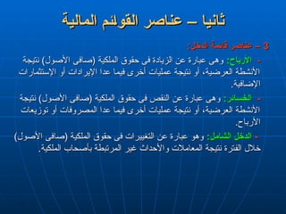 3
3
:‫الدخل‬ ‫قائمة‬ ‫عناصر‬ –
:‫الدخل‬ ‫قائمة‬ ‫عناصر‬ –
-
-
:‫األرباح‬
:‫األرباح‬
‫نتيجة‬ )‫األصول‬ ‫(صافى‬ ‫الملكية‬ ‫حقوق‬ ‫فى‬ ‫الزيادة‬ ‫عن‬ ‫عبارة‬ ‫وهى‬
‫نتيجة‬ )‫األصول‬ ‫(صافى‬ ‫الملكية‬ ‫حقوق‬ ‫فى‬ ‫الزيادة‬ ‫عن‬ ‫عبارة‬ ‫وهى‬
‫اإلستثمارات‬ ‫أو‬ ‫اإليرادات‬ ‫عدا‬ ‫فيما‬ ‫أخرى‬ ‫عمليات‬ ‫نتيجة‬ ‫أو‬ ،‫العرضية‬ ‫األنشطة‬
‫اإلستثمارات‬ ‫أو‬ ‫اإليرادات‬ ‫عدا‬ ‫فيما‬ ‫أخرى‬ ‫عمليات‬ ‫نتيجة‬ ‫أو‬ ،‫العرضية‬ ‫األنشطة‬
.‫اإلضافية‬
.‫اإلضافية‬
-
-
:‫ائر‬L‫س‬‫الخ‬
:‫ائر‬L‫س‬‫الخ‬
‫نتيجة‬ )‫األصول‬ ‫(صافى‬ ‫الملكية‬ ‫حقوق‬ ‫فى‬ ‫النقص‬ ‫عن‬ ‫عبارة‬ ‫وهى‬
‫نتيجة‬ )‫األصول‬ ‫(صافى‬ ‫الملكية‬ ‫حقوق‬ ‫فى‬ ‫النقص‬ ‫عن‬ ‫عبارة‬ ‫وهى‬
‫توزيعات‬ ‫أو‬ ‫المصروفات‬ ‫عدا‬ ‫فيما‬ ‫أخرى‬ ‫عمليات‬ ‫نتيجة‬ ‫أو‬ ،‫العرضية‬ ‫األنشطة‬
‫توزيعات‬ ‫أو‬ ‫المصروفات‬ ‫عدا‬ ‫فيما‬ ‫أخرى‬ ‫عمليات‬ ‫نتيجة‬ ‫أو‬ ،‫العرضية‬ ‫األنشطة‬
.‫األرباح‬
.‫األرباح‬
-
-
:‫الشامل‬ ‫الدخل‬
:‫الشامل‬ ‫الدخل‬
)‫األصول‬ ‫(صافى‬ ‫الملكية‬ ‫حقوق‬ ‫فى‬ ‫التغييرات‬ ‫عن‬ ‫عبارة‬ ‫وهو‬
)‫األصول‬ ‫(صافى‬ ‫الملكية‬ ‫حقوق‬ ‫فى‬ ‫التغييرات‬ ‫عن‬ ‫عبارة‬ ‫وهو‬
.‫الملكية‬ ‫بأصحاب‬ ‫المرتبطة‬ ‫غير‬ ‫واألحداث‬ ‫المعامالت‬ ‫نتيجة‬ ‫الفترة‬ ‫خالل‬
.‫الملكية‬ ‫بأصحاب‬ ‫المرتبطة‬ ‫غير‬ ‫واألحداث‬ ‫المعامالت‬ ‫نتيجة‬ ‫الفترة‬ ‫خالل‬
‫المالية‬ ‫ئم‬L‫ا‬‫القو‬ ‫عناصر‬ – ‫ثانيا‬
‫المالية‬ ‫ئم‬L‫ا‬‫القو‬ ‫عناصر‬ – ‫ثانيا‬
 