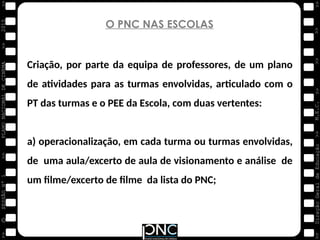 M.E.C.
Direção
Geral
de
Educação
>>
>>
>>
>>
>>
>>
2015
PLANO
NACIONAL
DE
CINEMA
>>
©
>>
>>
>>
SESSÃO
Nº
1
O PNC NAS ESCOLAS
Criação, por parte da equipa de professores, de um plano
de atividades para as turmas envolvidas, articulado com o
PT das turmas e o PEE da Escola, com duas vertentes:
a) operacionalização, em cada turma ou turmas envolvidas,
de uma aula/excerto de aula de visionamento e análise de
um filme/excerto de filme da lista do PNC;
 