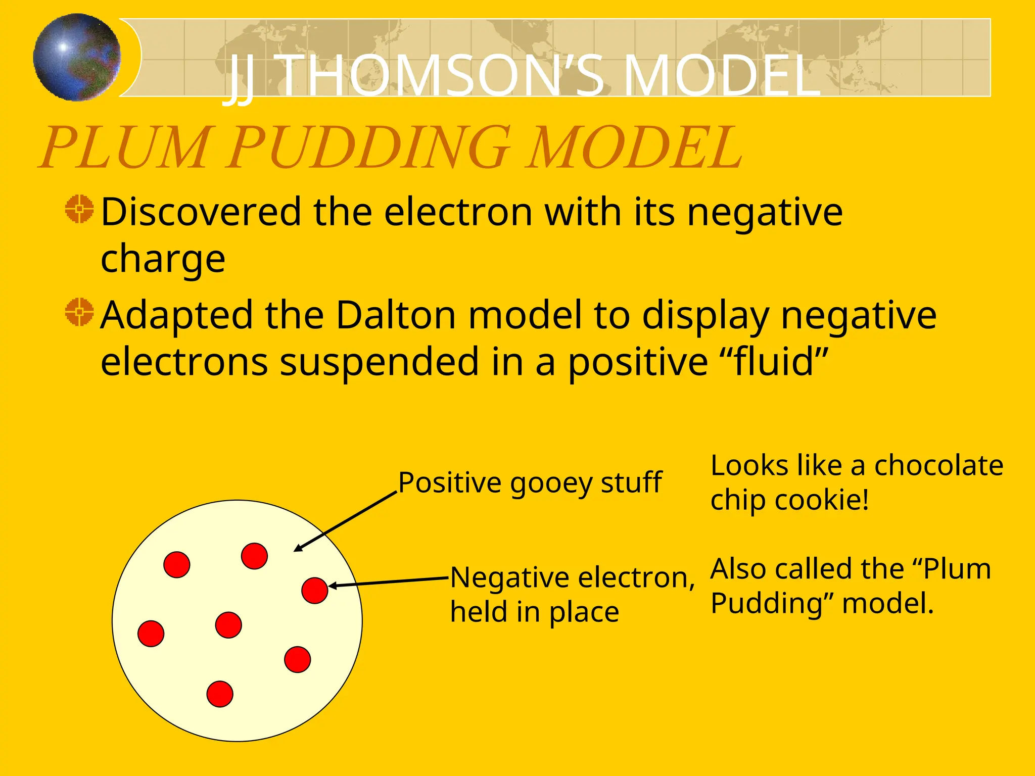 PLUM PUDDING MODEL
Discovered the electron with its negative
charge
Adapted the Dalton model to display negative
electrons suspended in a positive “fluid”
Positive gooey stuff
Negative electron,
held in place
Looks like a chocolate
chip cookie!
Also called the “Plum
Pudding” model.
JJ THOMSON’S MODEL
 