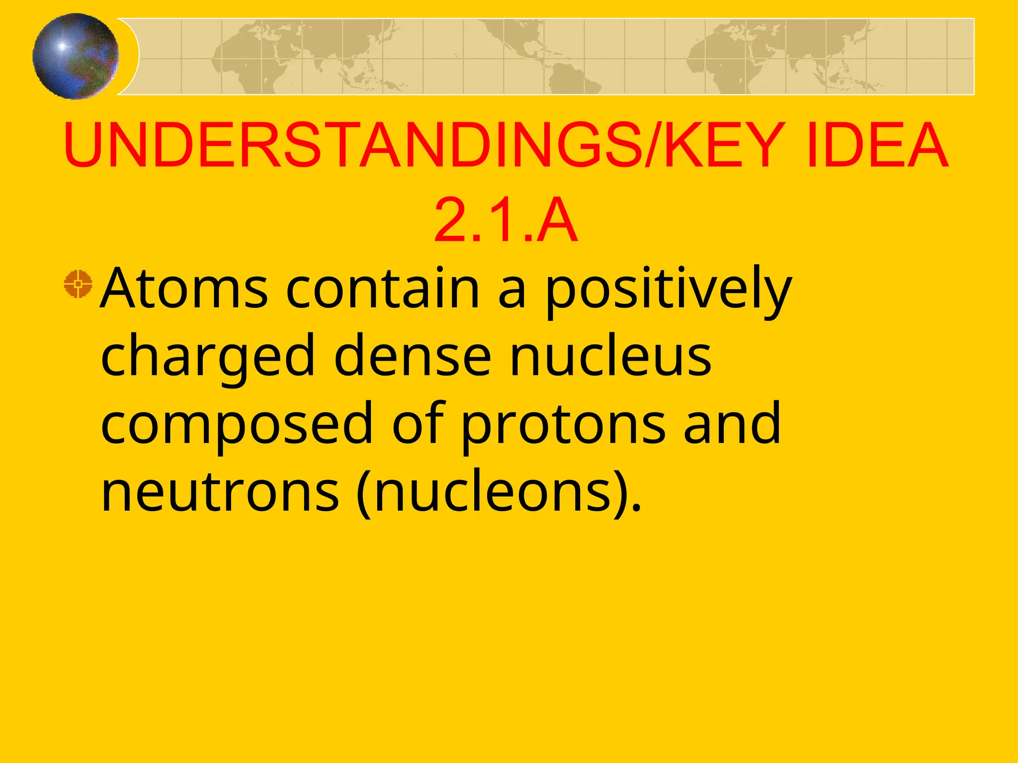 UNDERSTANDINGS/KEY IDEA
2.1.A
Atoms contain a positively
charged dense nucleus
composed of protons and
neutrons (nucleons).
 