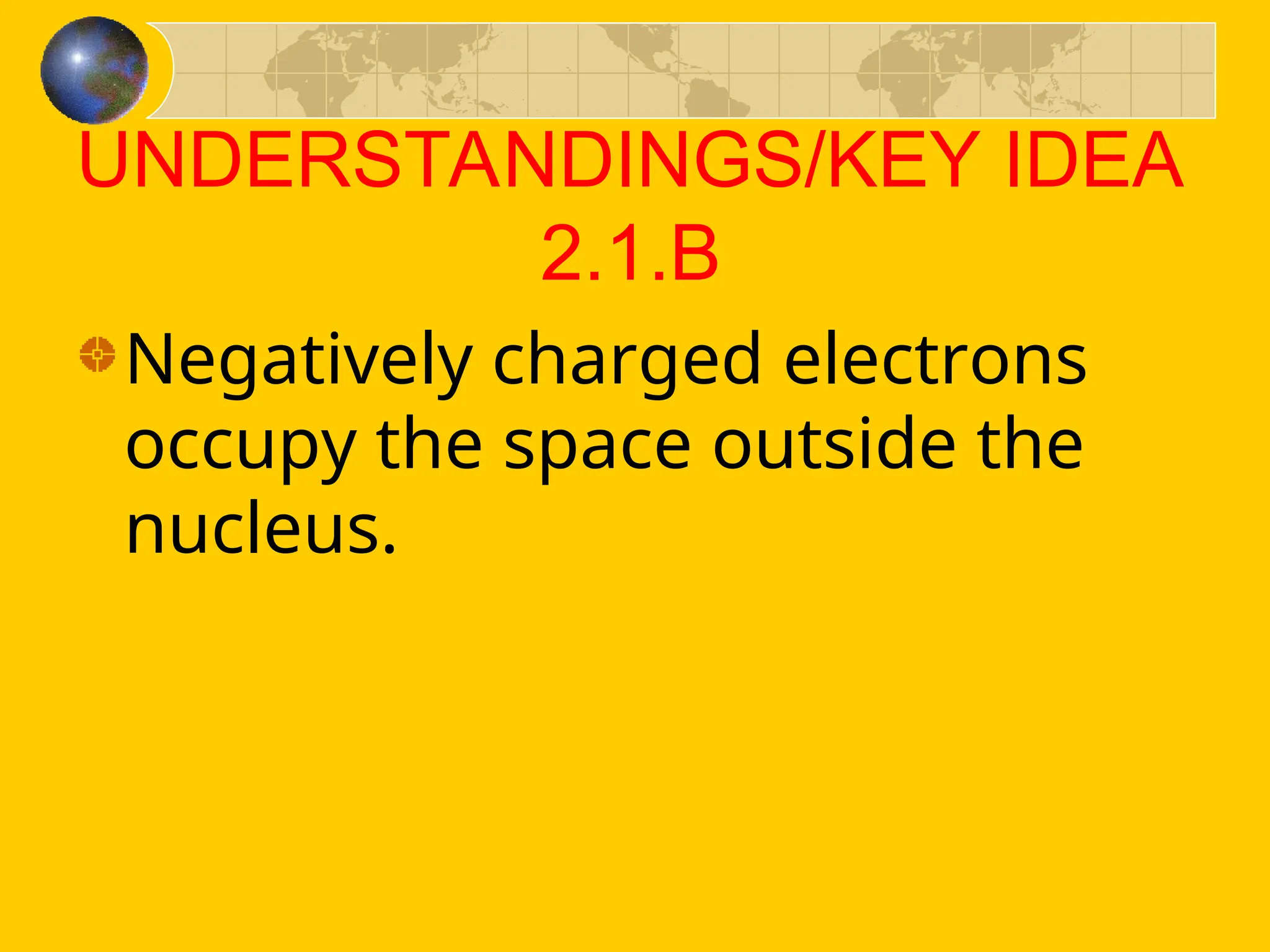 UNDERSTANDINGS/KEY IDEA
2.1.B
Negatively charged electrons
occupy the space outside the
nucleus.
 