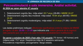Psicoestimulació a sala immersiva. Anàlisi activitat.
Al 2024 es varen atendre 47 usuaris
1. Deteriorament cognitiu lleu: mitja edad: 63.7 anys (28-88) i MMSE 24.27
2. Deteriorament cognitiu lleu-moderat: mitja edad: 79.64 anys (60-95) i MMSE
22.22
3. Deteriorament cognitiu moderat/greu: mitja edad: 81.4 anys (71.89) i MMSE
15.4
Les dades preliminars indiquen diferències significatives entre la mitjana de MMSE
al ingrés i al alta: 20.89 vs 21.89 que indicaria una millora general de la cognició
dels pacients que van anar a la sala immersiva (probablement multifactorial)
De gener a octubre de 2025 s’han atès 115 usuaris (70 dones i 45 homes) amb
mitjana edat: 73.7 anys i freqüència mitja de 2 sessions setmanals.
Procedència majoritària: psicogeriatria i llarga estada.
 