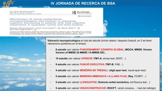 Valoració neuropsicològica en tots els estudis (mínim abans i després d’estudi, en 2 es feren
valoracions posteriors en el temps)
- 8 estudis van valorar FUNCIONAMENT COGNITIU GLOBAL (MOCA; MMSE; Korean
Version of MMSE (K-MMSE i K-MMSE-DS)...
- 10 estudis van valorar ATENCIÓ (TMT-A, stroop test, SDST…)
- 9 estudis van valorar FUNCIÓ EXECUTIVA (TMT-B, FAB…)
- 4 estudis van valorar MEMÒRIA DE TREBALL (digit span test, visual span test)
- 5 estudis van valorar MEMÒRIA IMMEDIATA i A LLARG PLAÇ (Rey, FCSRT…)
- 5 estudis van valorar LLENGUATGE (fluència verbal semàntica, ord fluency test…)
- 5 estudis van valorar VISUOCONSTRUCCIÓ (ROCFT, versió coreana… i test del rellotge)
 