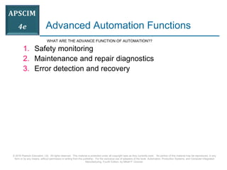 © 2016 Pearson Education, Ltd. All rights reserved. This material is protected under all copyright laws as they currently exist. No portion of this material may be reproduced, in any
form or by any means, without permission in writing from the publisher. For the exclusive use of adopters of the book Automation, Production Systems, and Computer-Integrated
Manufacturing, Fourth Edition, by Mikell P. Groover.
Advanced Automation Functions
1. Safety monitoring
2. Maintenance and repair diagnostics
3. Error detection and recovery
WHAT ARE THE ADVANCE FUNCTION OF AUTOMATION??
 