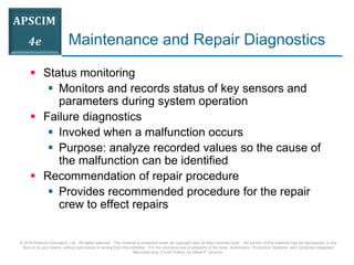 © 2016 Pearson Education, Ltd. All rights reserved. This material is protected under all copyright laws as they currently exist. No portion of this material may be reproduced, in any
form or by any means, without permission in writing from the publisher. For the exclusive use of adopters of the book Automation, Production Systems, and Computer-Integrated
Manufacturing, Fourth Edition, by Mikell P. Groover.
Maintenance and Repair Diagnostics
 Status monitoring
 Monitors and records status of key sensors and
parameters during system operation
 Failure diagnostics
 Invoked when a malfunction occurs
 Purpose: analyze recorded values so the cause of
the malfunction can be identified
 Recommendation of repair procedure
 Provides recommended procedure for the repair
crew to effect repairs
 