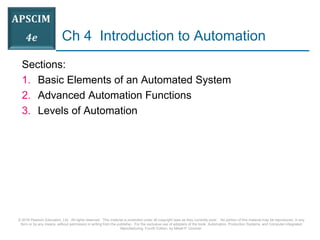 © 2016 Pearson Education, Ltd. All rights reserved. This material is protected under all copyright laws as they currently exist. No portion of this material may be reproduced, in any
form or by any means, without permission in writing from the publisher. For the exclusive use of adopters of the book Automation, Production Systems, and Computer-Integrated
Manufacturing, Fourth Edition, by Mikell P. Groover.
Ch 4 Introduction to Automation
Sections:
1. Basic Elements of an Automated System
2. Advanced Automation Functions
3. Levels of Automation
 