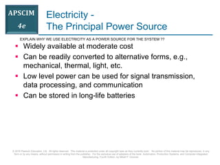 © 2016 Pearson Education, Ltd. All rights reserved. This material is protected under all copyright laws as they currently exist. No portion of this material may be reproduced, in any
form or by any means, without permission in writing from the publisher. For the exclusive use of adopters of the book Automation, Production Systems, and Computer-Integrated
Manufacturing, Fourth Edition, by Mikell P. Groover.
Electricity -
The Principal Power Source
 Widely available at moderate cost
 Can be readily converted to alternative forms, e.g.,
mechanical, thermal, light, etc.
 Low level power can be used for signal transmission,
data processing, and communication
 Can be stored in long-life batteries
EXPLAIN WHY WE USE ELECTRICITY AS A POWER SOURCE FOR THE SYSTEM ??
 