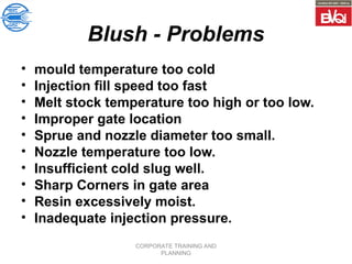 CORPORATE TRAINING AND
PLANNING
Blush - Problems
• mould temperature too cold
• Injection fill speed too fast
• Melt stock temperature too high or too low.
• Improper gate location
• Sprue and nozzle diameter too small.
• Nozzle temperature too low.
• Insufficient cold slug well.
• Sharp Corners in gate area
• Resin excessively moist.
• Inadequate injection pressure.
 