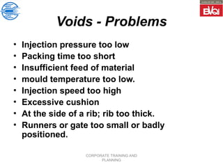 CORPORATE TRAINING AND
PLANNING
Voids - Problems
• Injection pressure too low
• Packing time too short
• Insufficient feed of material
• mould temperature too low.
• Injection speed too high
• Excessive cushion
• At the side of a rib; rib too thick.
• Runners or gate too small or badly
positioned.
 