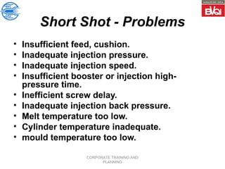 CORPORATE TRAINING AND
PLANNING
Short Shot - Problems
• Insufficient feed, cushion.
• Inadequate injection pressure.
• Inadequate injection speed.
• Insufficient booster or injection high-
pressure time.
• Inefficient screw delay.
• Inadequate injection back pressure.
• Melt temperature too low.
• Cylinder temperature inadequate.
• mould temperature too low.
 